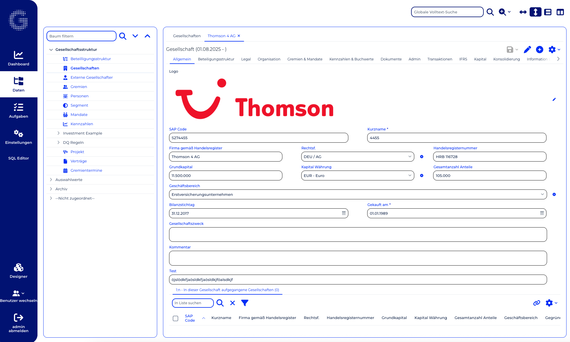 screenshot of Legal Entity Manager